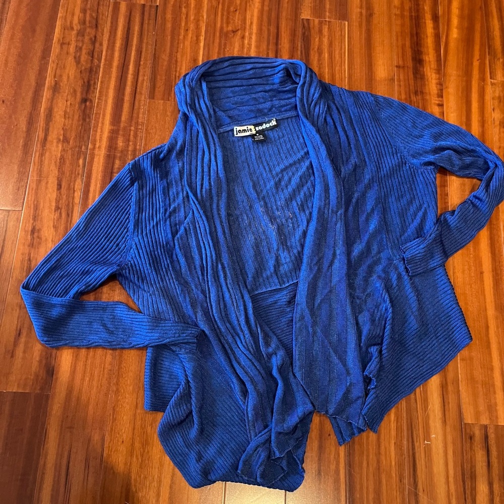 Jamie Sadock Blue Cardigan‎ Ribbed Draped Open Front Sweater Lightweight Medium